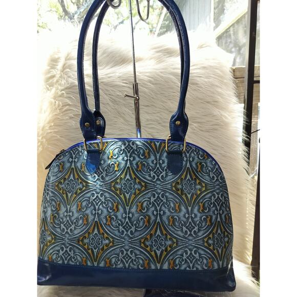 Sukriti Handbags - 5534)Vivid by Sukriti Blue Damask Pattern Embossed Leather Shoulder Bag